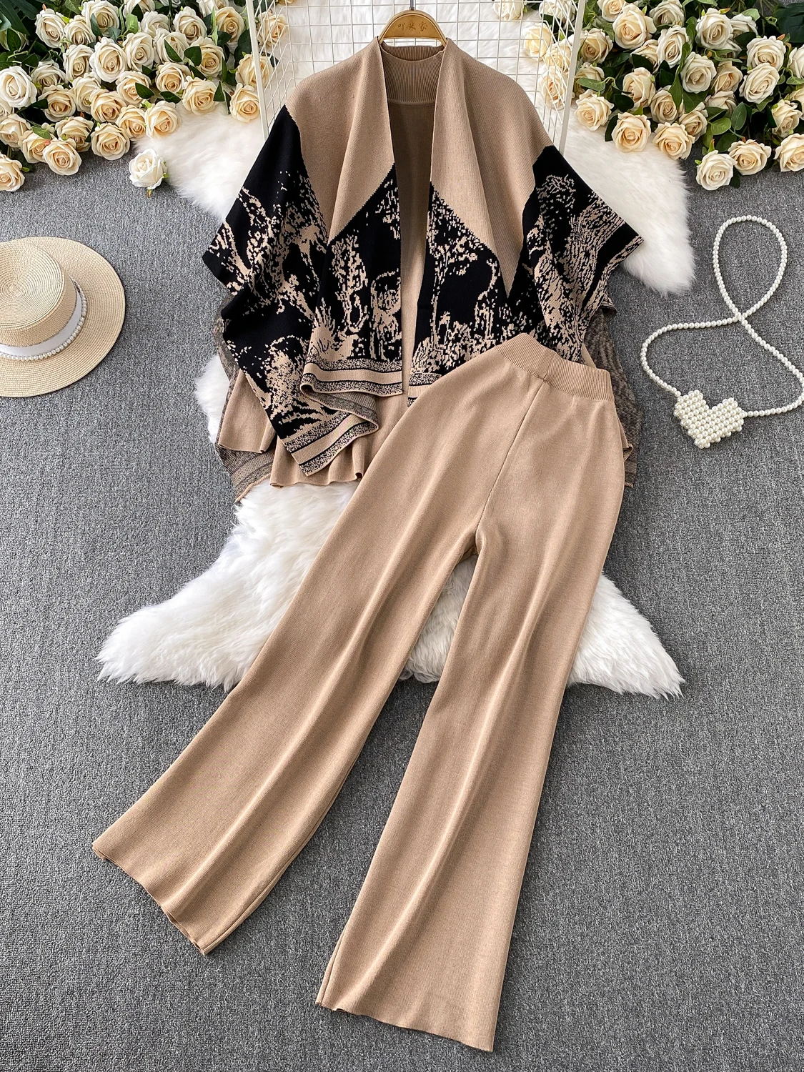 

Ele High-Waisted Slimming Pants And Knitted Sweater with Print Tee-Piece Set Faionable Base Layer f High Collar