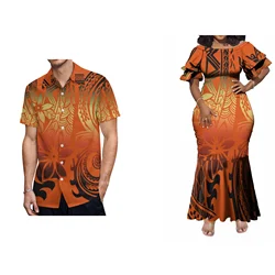Hot Selling Custom Pacific Island Design Double Ruffle Sleeve Hawaiian Dress Ladies Maxi Bodycon Fishtail Dress Party Dresses