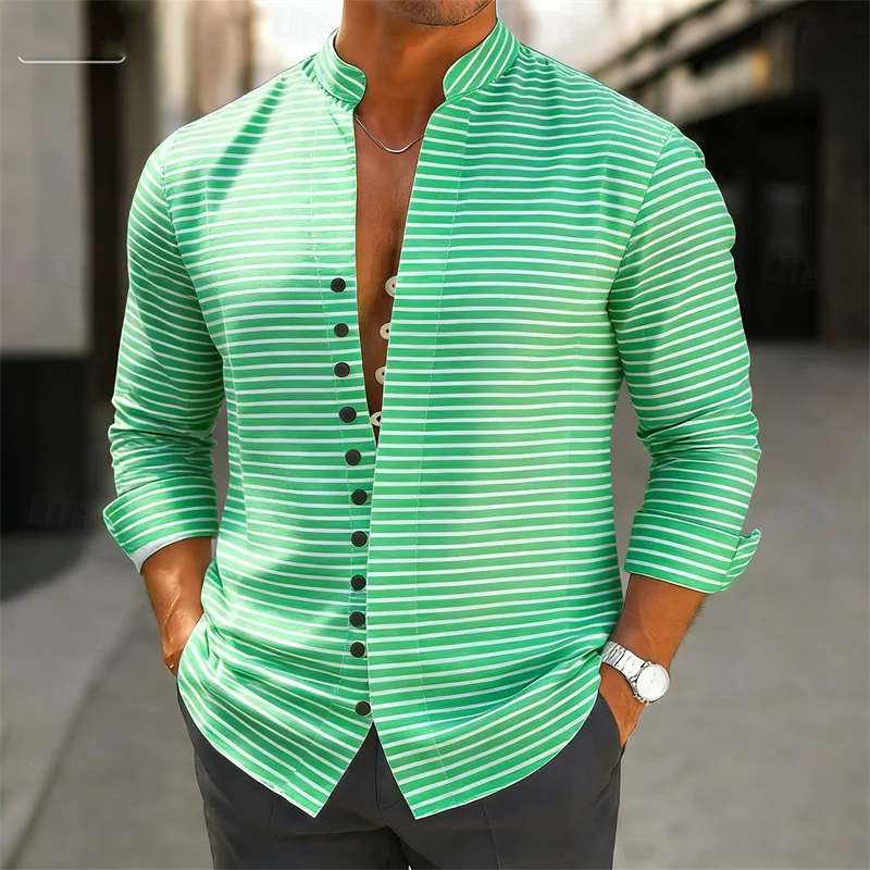 New men's 11 color 3D striped printed shirt with high-quality checkered casual fashion long sleeved lapel shirt