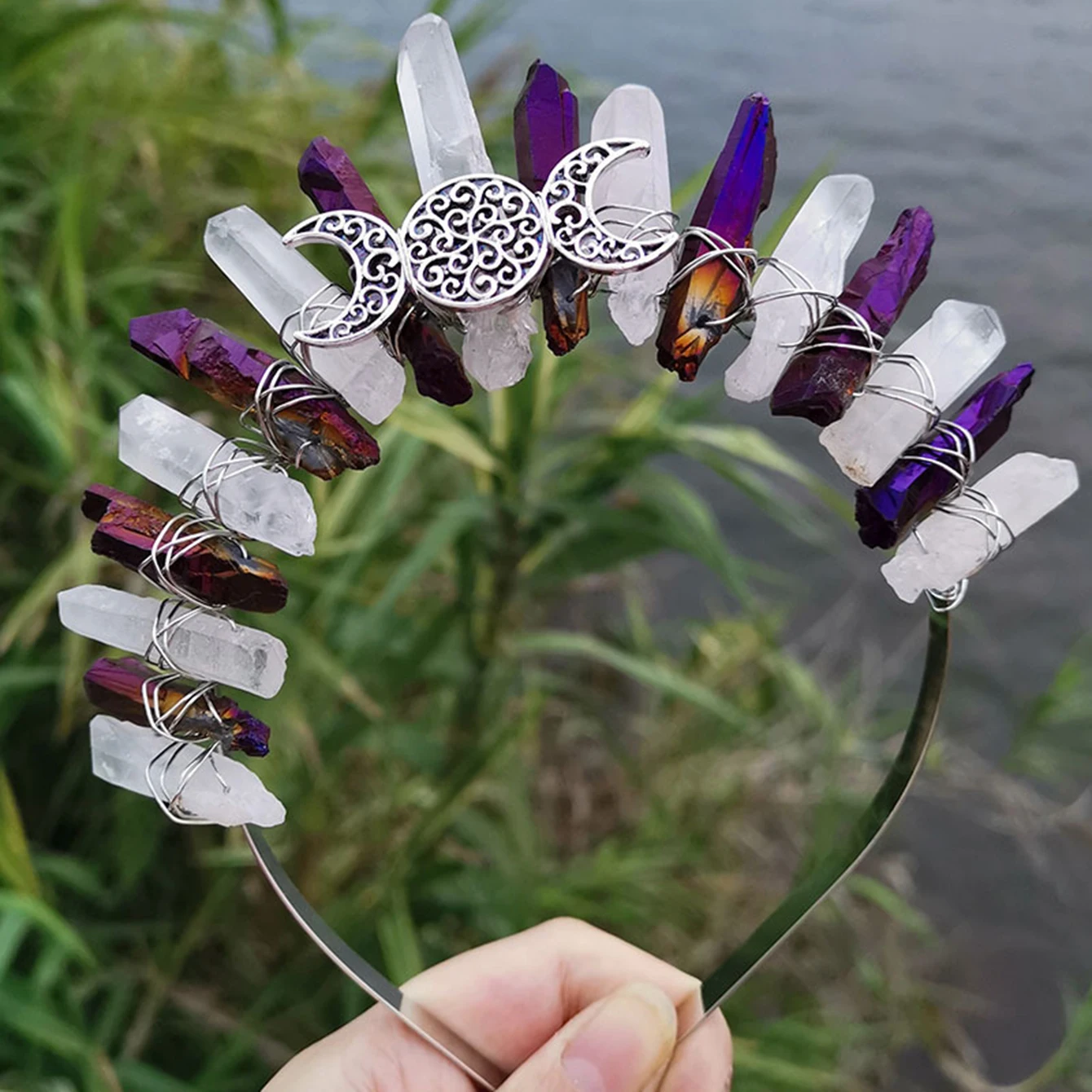 Raw Crystal Tiara Crown Headband, Natural Quartz Moon Goddess Witch Headpiece for Wiccan Cosplay Party Headwear