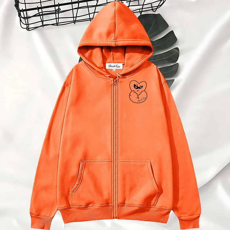 

Hollow Cartoon Broken Egg Heart Print Women Zipper Hoodie Polyester Pocket Loose Thin Spring Autumn Sports Leisure Lady Sweater