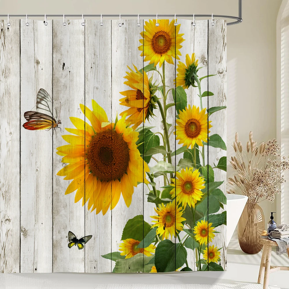 

1 pc sunflower patterned polyester material shower curtain waterproof fabric, flowers print bathroom curtain partition curtain