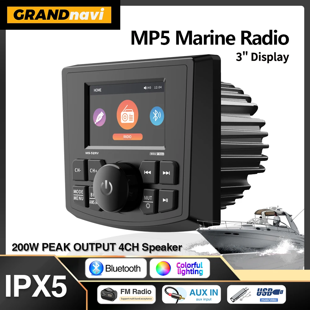 GRANDnavi Marine Stereo Boat MP5 Radio Player Waterproof IPX5 AUX Bluetooth FM AM RDS Audio For Yacht Gauge ATV UTV SUV Cart SPA