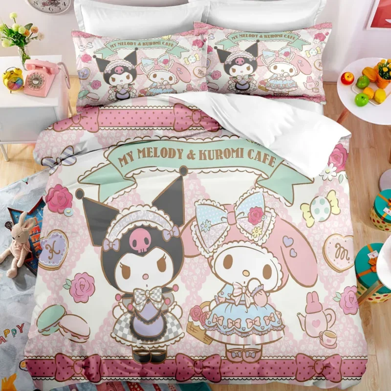 Imagem -03 - Sanrio Cartoon Bedding Conjunto For Kids Anime Bonito Kuromi Melody Quilt Cover Fronha Hello Kitty Capa de Edredão King Size Cama de Meninas