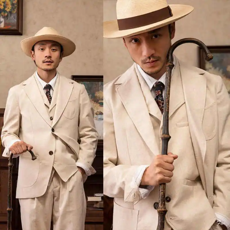 Retro Style Linen Single-Breasted Men's Blazer 3-Piece Set Waistcoat Straight-Leg Trousers Casual Wedding Party Wear Customized