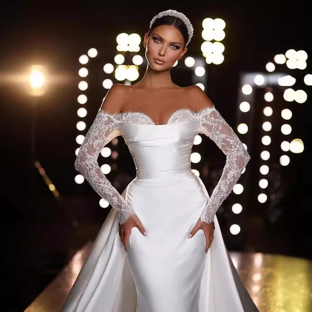 Satin off-the-shoulder wedding dress Amazon Europe and America sexy fashion trailing white wedding dress 2024 summer new dress