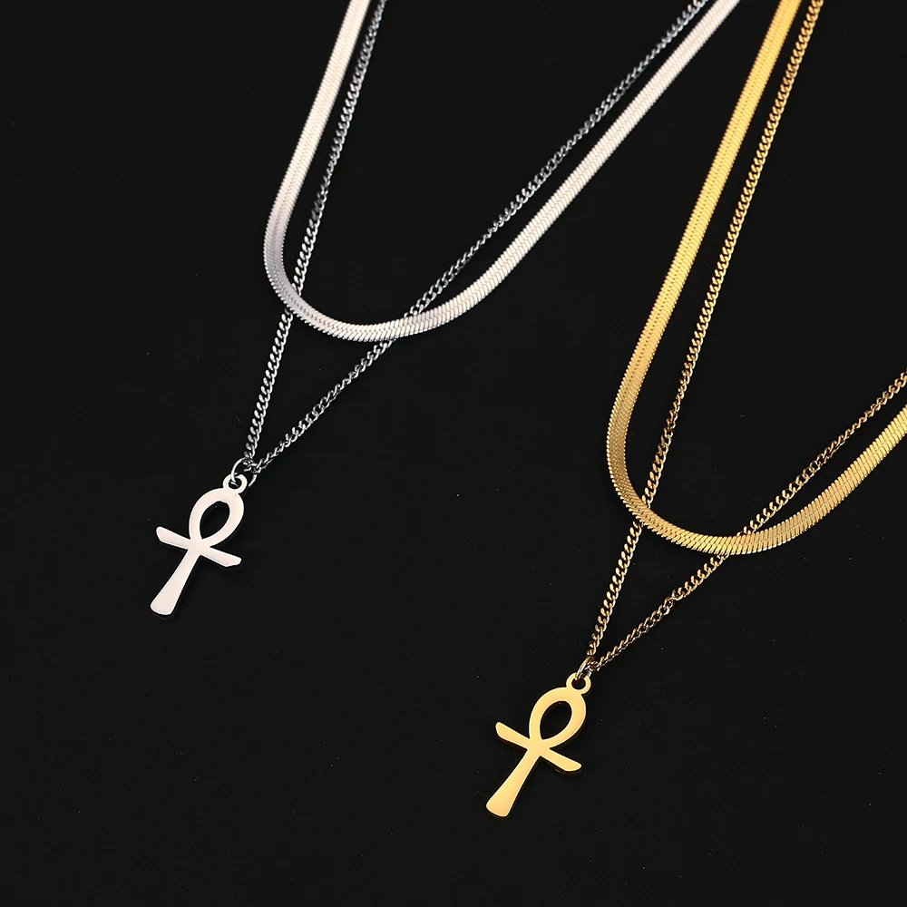 Dawapara Ankh Necklace Egypt Coptic Cross Charm Double Layer Snake Chain Stainless Steel Women Necklace Amulet Religious