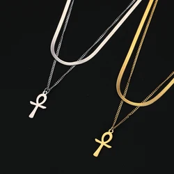 Dawapara Ankh Necklace Egypt Coptic Cross Charm Double Layer Snake Chain Stainless Steel Women Necklace Amulet Religious