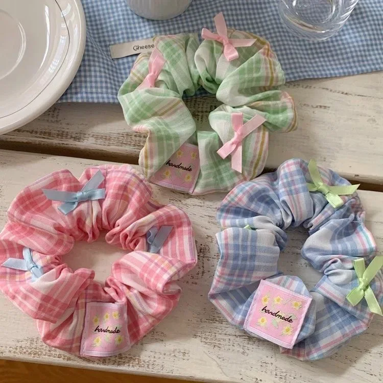 12cm Summer Beach Satin Ribbon Bows Hair Ties Ropes Plaid Fabric Large Scrunchies Kids Girls Ponytail Holder Sweet Headwear