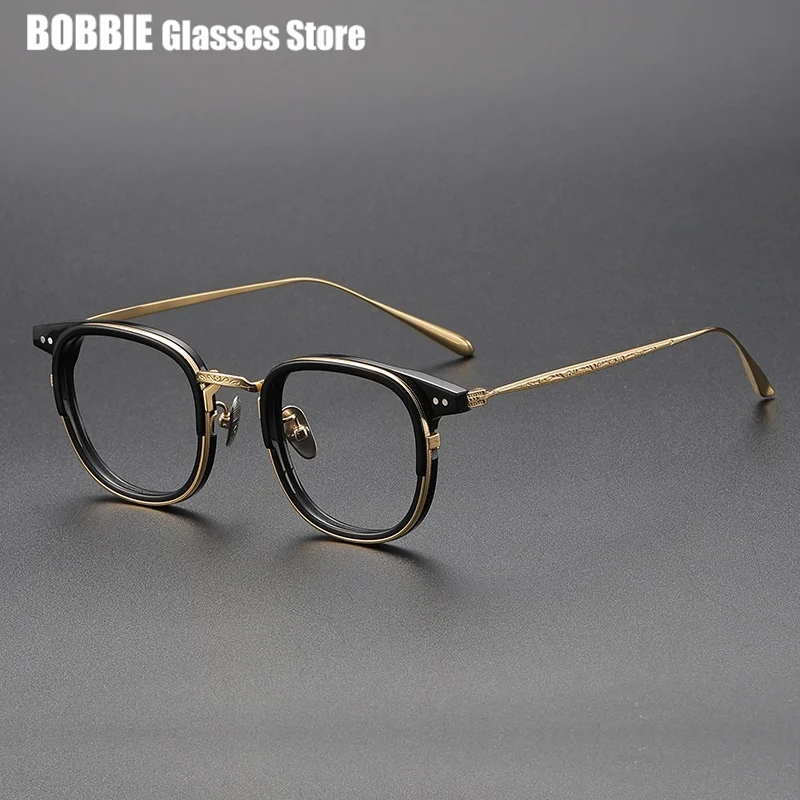 Japanese Handmade Brand Design Carved Titanium Glasses Frame Men Square Eyeglasses Myopia Eyewear Optical Lens Retro Style 2024