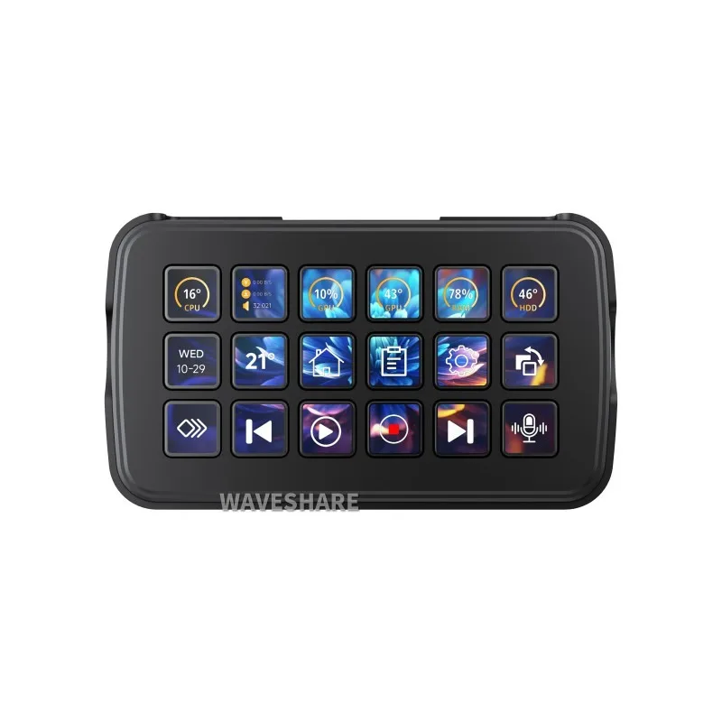 Waveshare SK18 Multi-Functional AI Voice Control Panel, Onboard 18 × membrane LCD Macro Keys, Supports Linux + QMK Dual-system