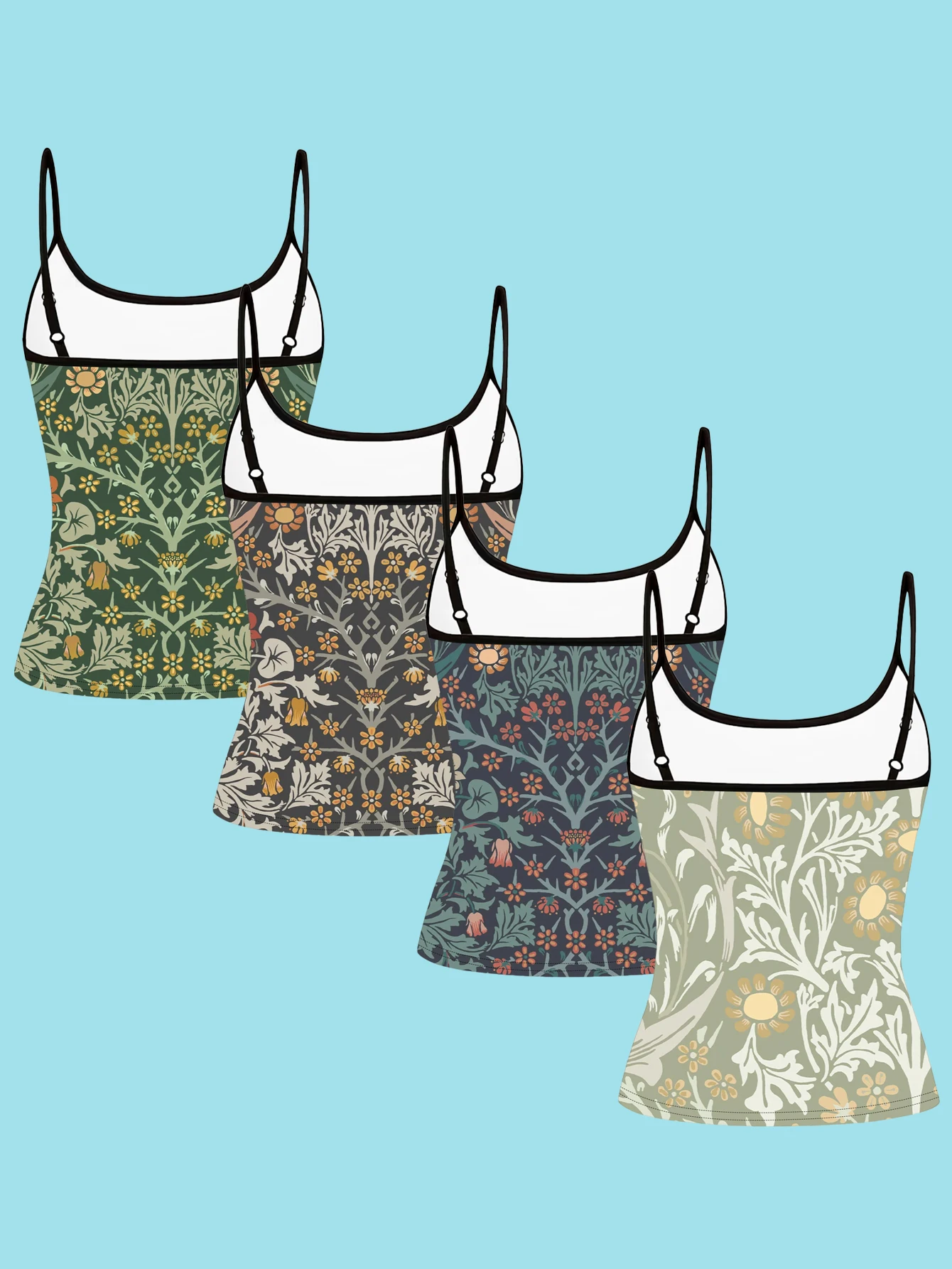 4-Piece Set of Women's Spaghetti Strap Camisoles, Vintage Morris-Style Floral Print Slim-Fit Sleeveless Tops, English Pastoral Art Style Outerwear and Innerwear Base Shirts