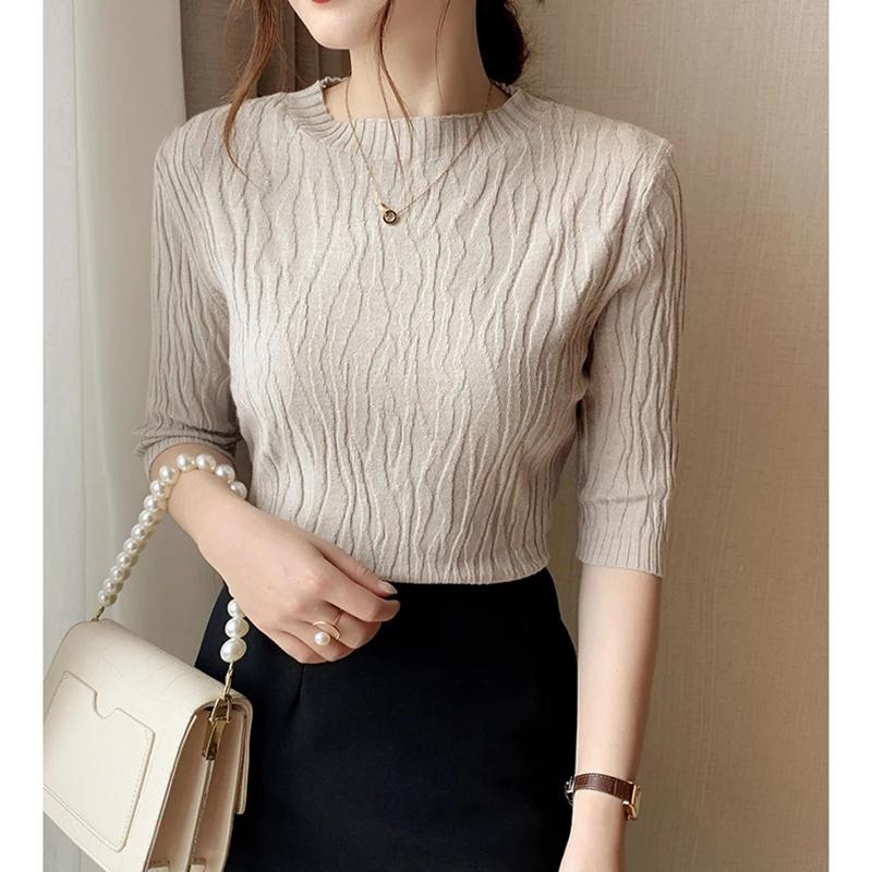 

Spring/Summer Korean Fashion Solid Color Sweater Women's Short Sleeve Top 2023 New Casual Slim Fit Women's Pullover Knitwear