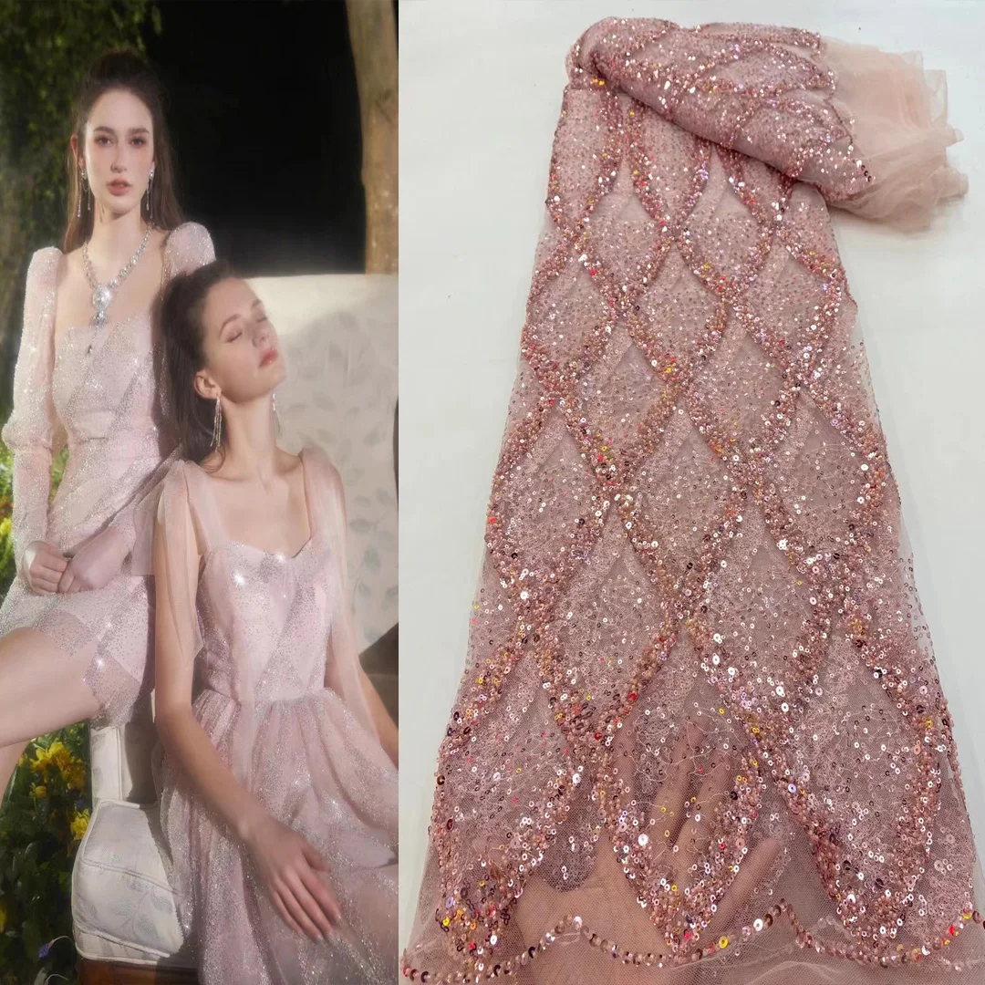

(5yards/pc) Bling bling tube beads and sequins embroidered French net lace high quality African tulle lace for dress FRX130