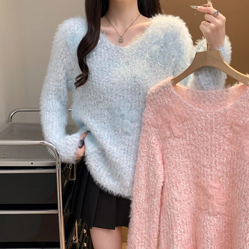 

Женский свободный крой V-Ne норковый свитер iny с блестками и цветочным узором, осень-зима, милый топ, модный женский трикотаж