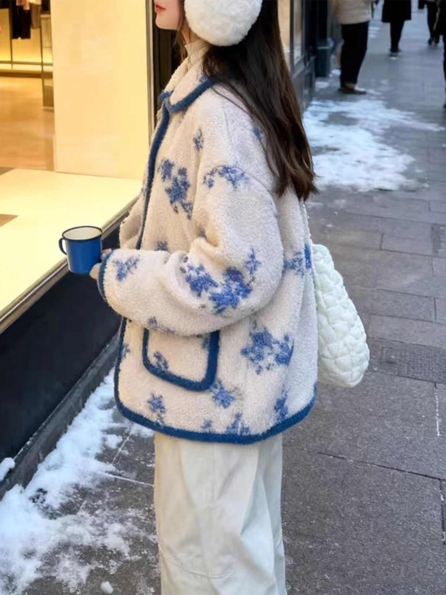 السيدات الأزهار طباعة فرو الضأن Jaet Double ket فضفاضة تناسب الدافئة أعلى تخفيف Sle شتاء جديد وصول Gentle Ele Contras...