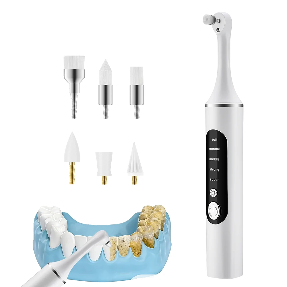 Electric Tooth Polisher with 6 Brush Heads Dental Plaque Tartar Remover LED Light Rechargeable Oral Cleaner Tool Teeth Whitening