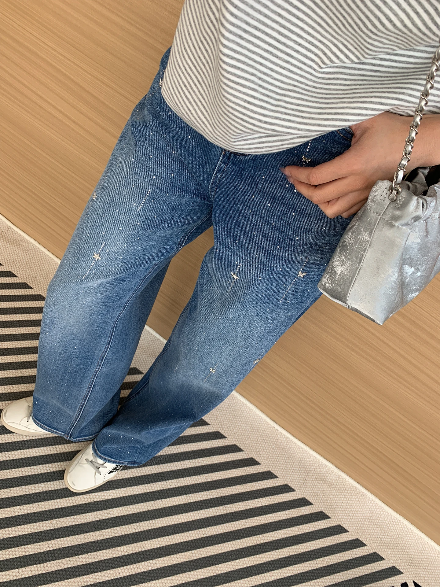 

High Waist iny Diamond Women's Jeans Loose Wide Leg Pants Spring Faionable Cotton Denim High Elastici Straight Cut