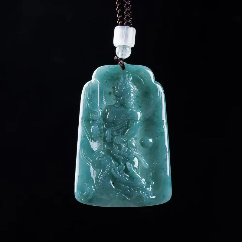 

Natural Blue Water Jade Carved Fudo Mingwang Necklace Pendant Men and Women Zodiac Patron Saint Natal Buddha Amulet Gift