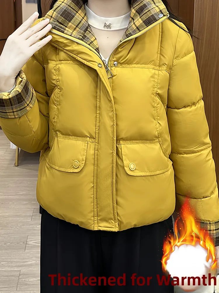 Women's Plaid Splicing Thiened Fce Lined ort Cotton Jaet Winter Warm Sli Commute Korean Sle Loose Fit Coat