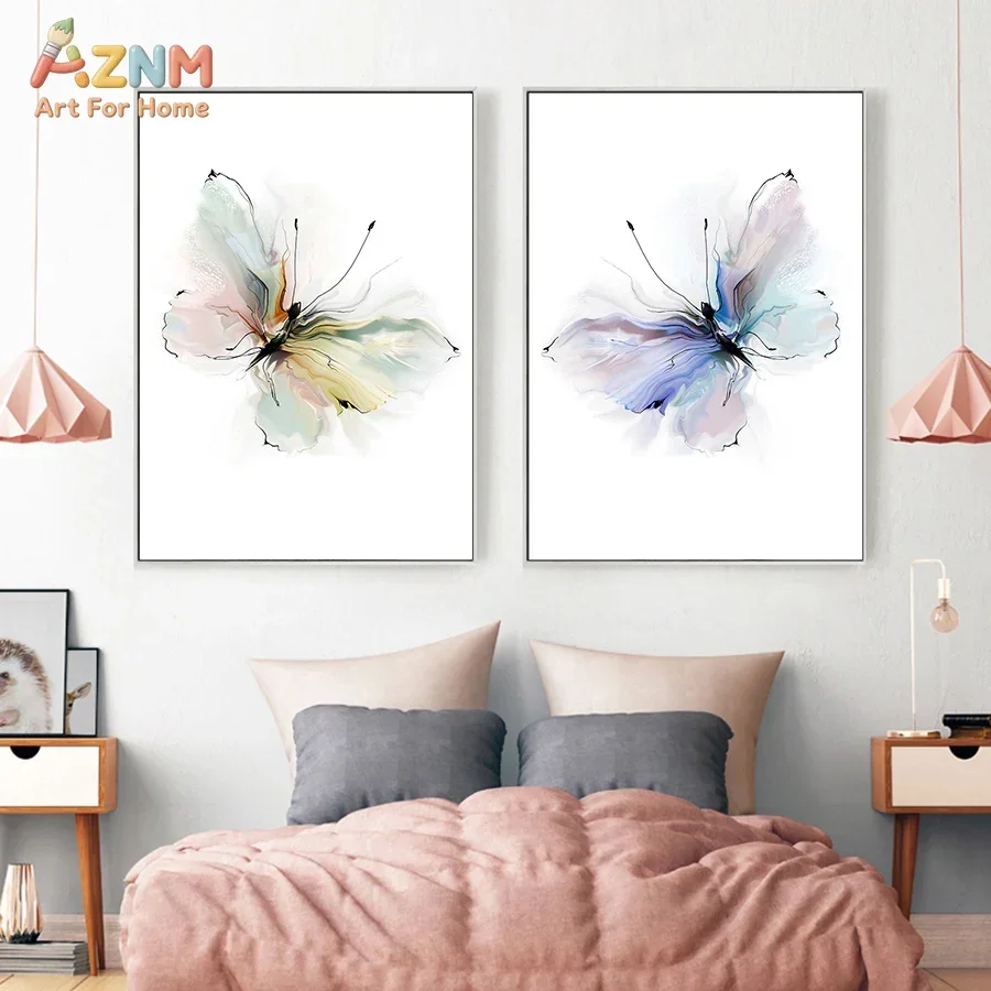AZNM Unframed Canvas Print Abstract Watercolor Butterfly Wall Art Soft Pastel Minimalist Home Decor Poster