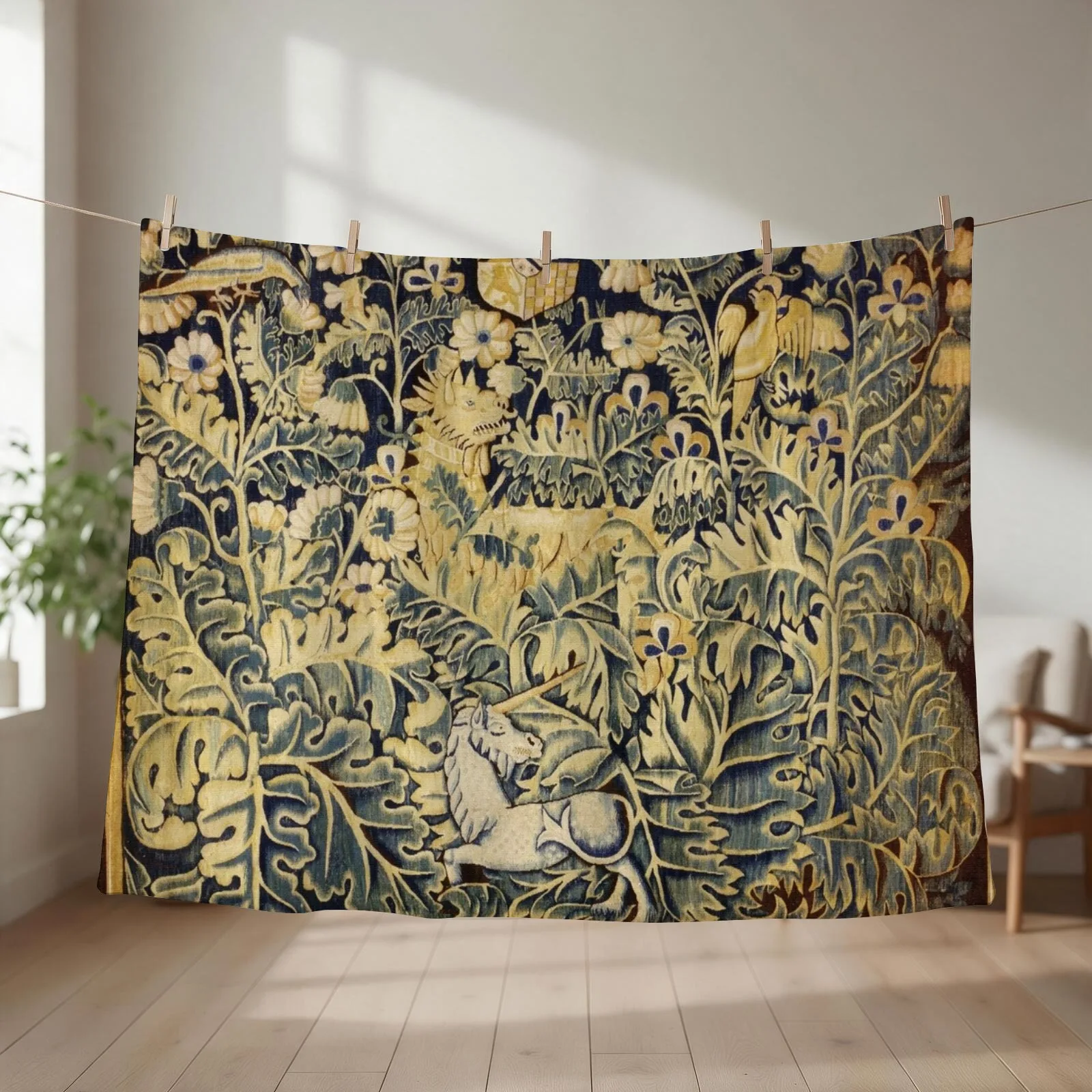 UNICORN, DRAGON ,BIRDS,ANIMALS AMONG CABBAGE LEAVES ANTIQUE GREEN FLORAL TAPESTRY Throw Blanket Hairy Blankets
