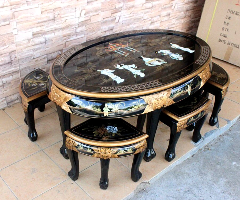 Carved hand-painted Dan Tai black stone flower one table and six chairs dining table