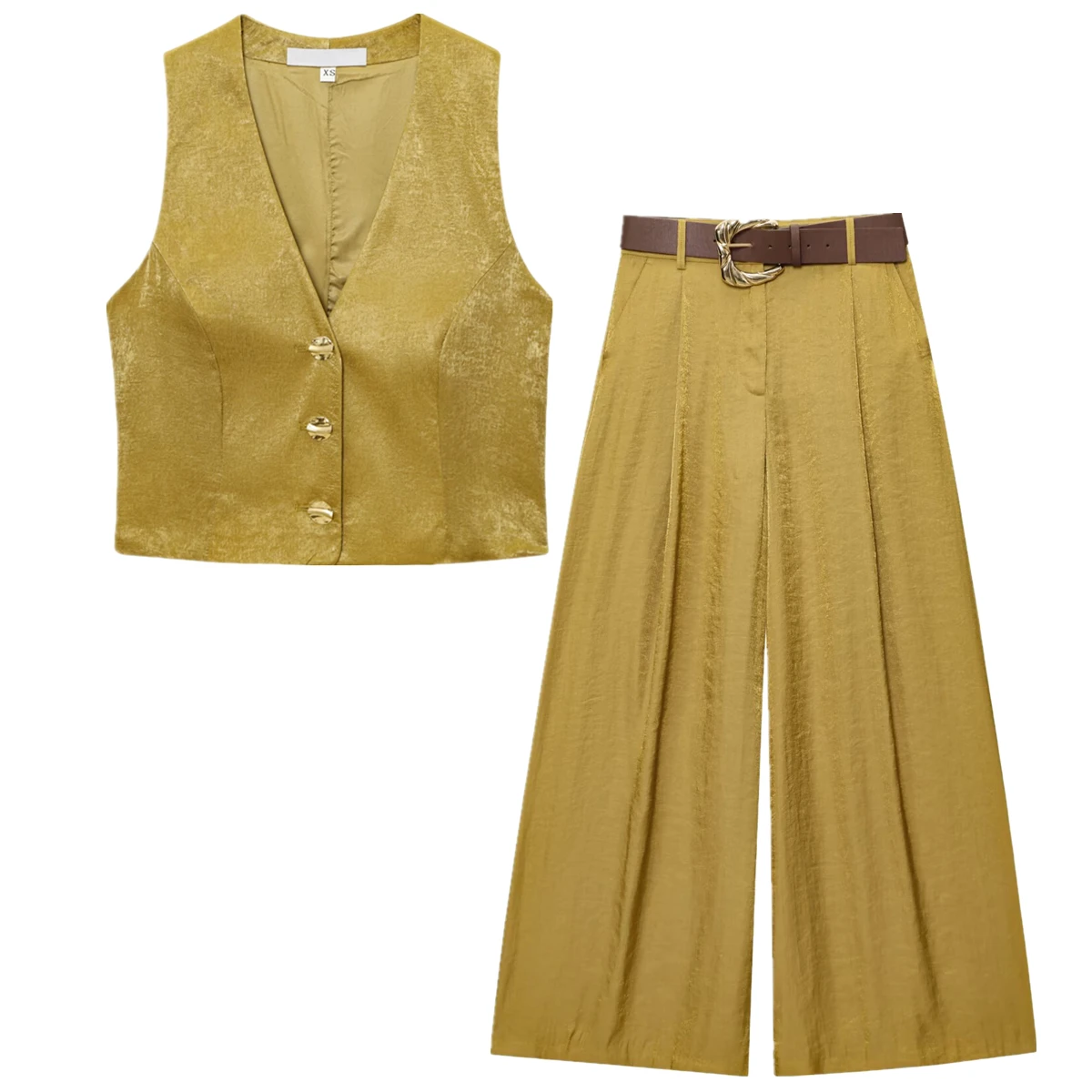 

Maxdutti Minimalist Gold Satin Sleeveless Vest Wide-leg Pants Suit French Elegant Fashion Suit Pants Two Pieces Sets For Women