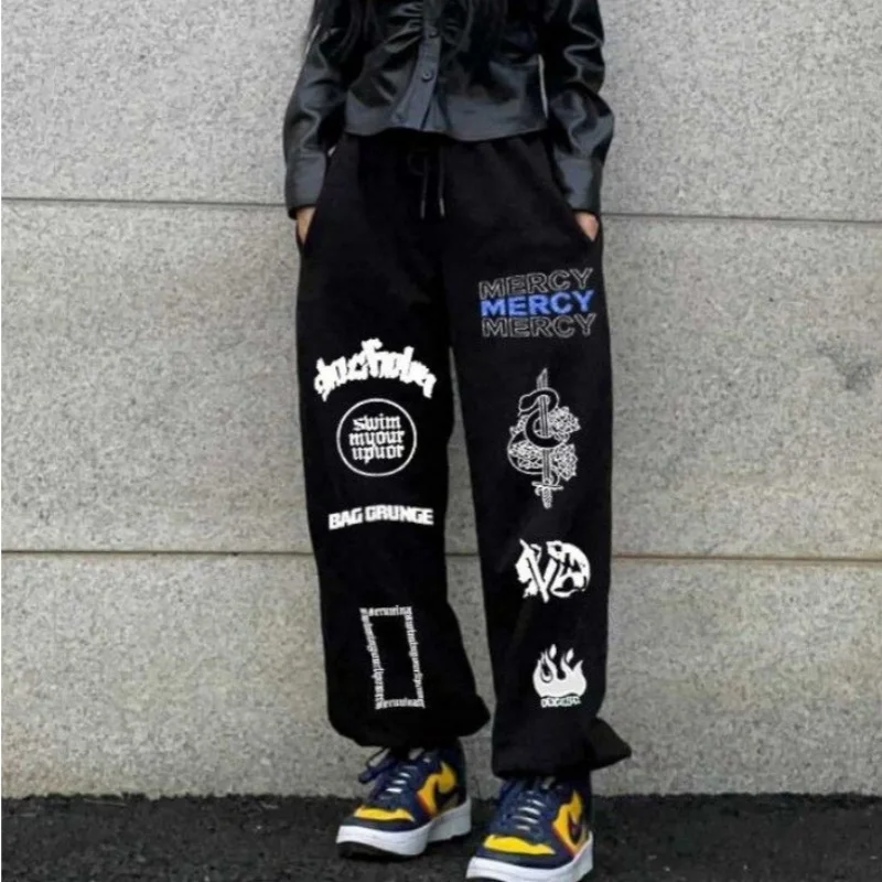 

Fashion Personality Straight Pants Women Loose Trousers High Waisted Drawstring Design Sports Gym Pants Outdoor Jogging Pants