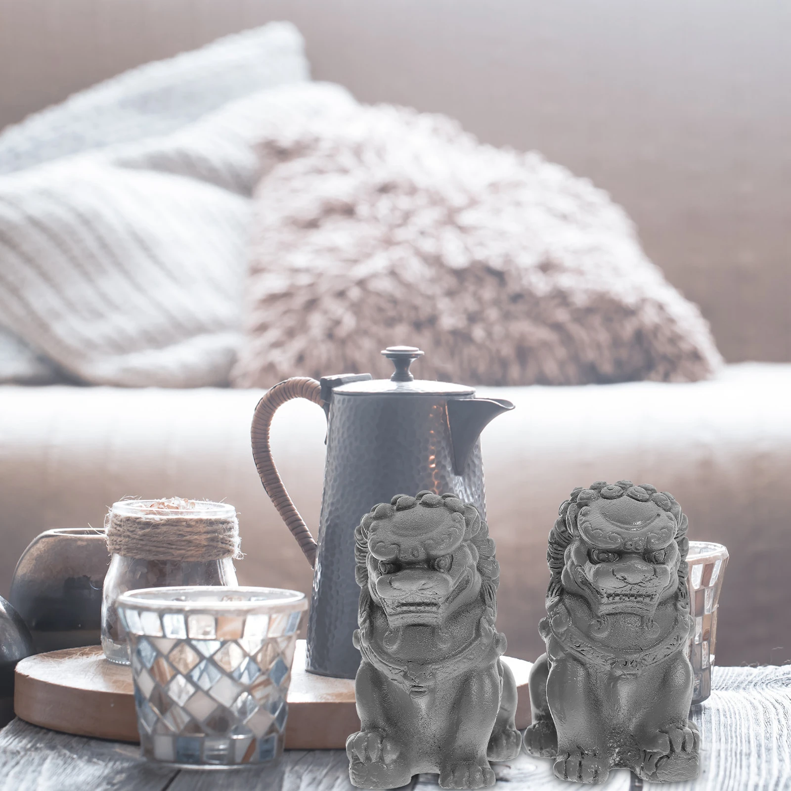 

1 Pair Chinese Guardian Lion Sculpture Mini Cement Statues Sturdy Decorative Home Office Desktop Ornament Lion Shape Adornment
