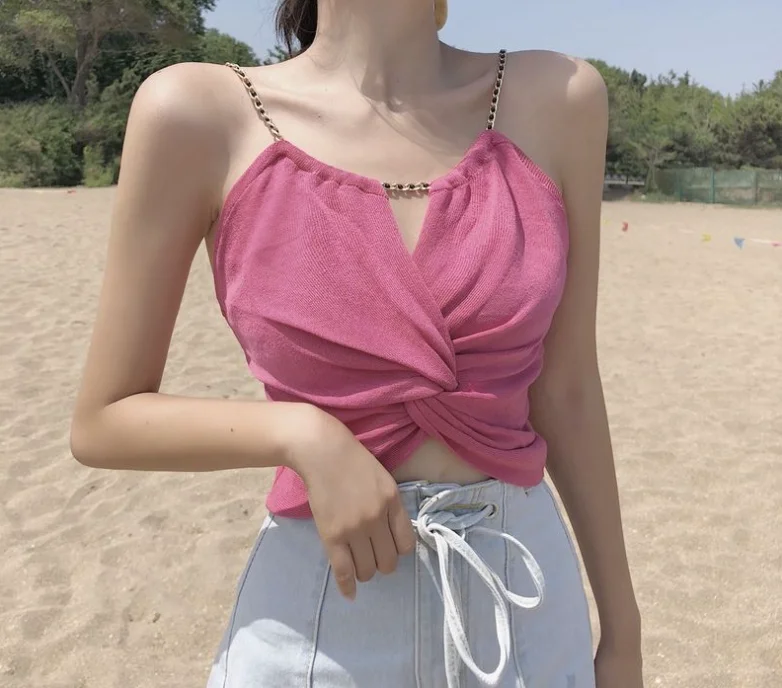 Spring/Summer New Sexy High Waist Short Solid Color Open Navel Metal Strap Tank Top For Women,3 Colors