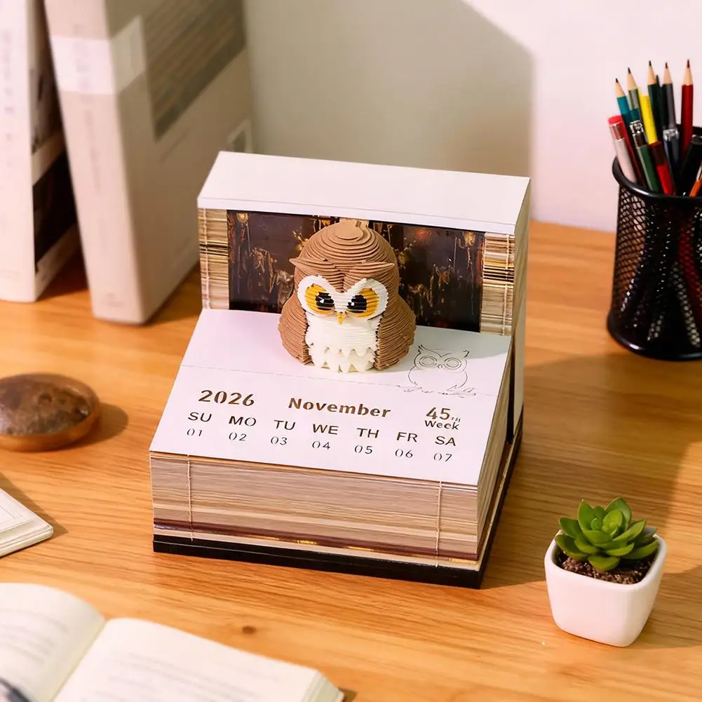

Time Piece Calendar 2026 Desk Calendar With Light 3D Art Owl Calendar Paper Carving Art Memo Pad Notepad Gift for Christmas Gift