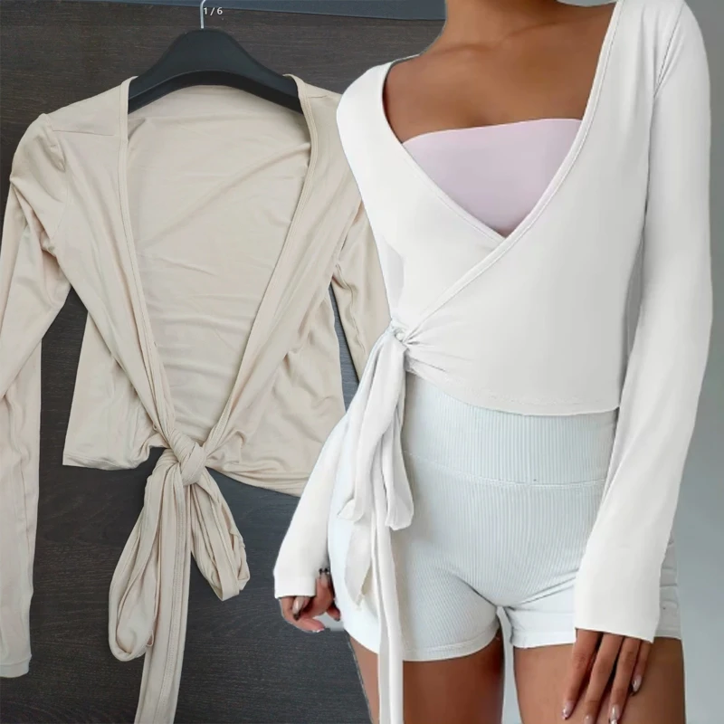 Women Cross Wrap Tie Yoga Shirts Crop Tops Long Sleeve Deep V Neck Solid Color Slim Fit Shirts Ladies Yoga Workout Blouses Tees