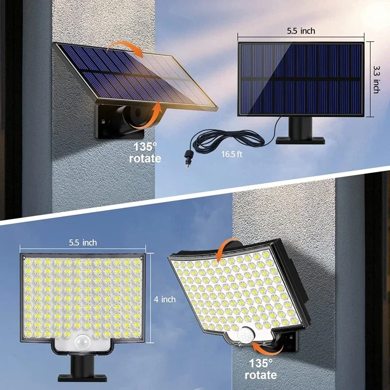 LED Solar Motion Light com painel separado Luzes de inundação ao ar livre Jardim e Garagem Luzes de parede impermeáveis 4 modos de trabalho 106