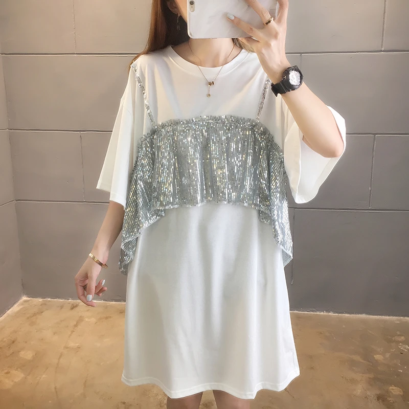 2024 Fake Two Sequins Patchwork Summer Fash Wear Patching T Shirts Women Mid-length Tops O Neck Short Sleeve Model Tees New Tide