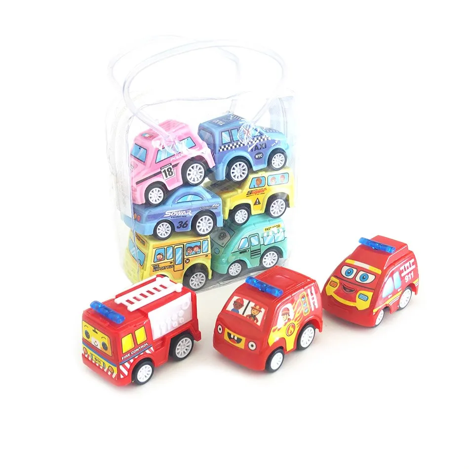 Baby Toy Car 6 Pcs Kids Plastic Mini Diecast Vehicle Children Pull Back Fire Truck Taxi Crocodile Model Car Boys Mechanical Gift