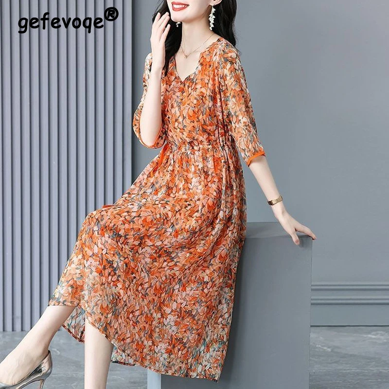 Women's Clothing 2023 Summer Trendy Printed V Neck Lace Up Elegant Party Dresses High Waist Slim Half Sleeve Midi Dress Vestidos