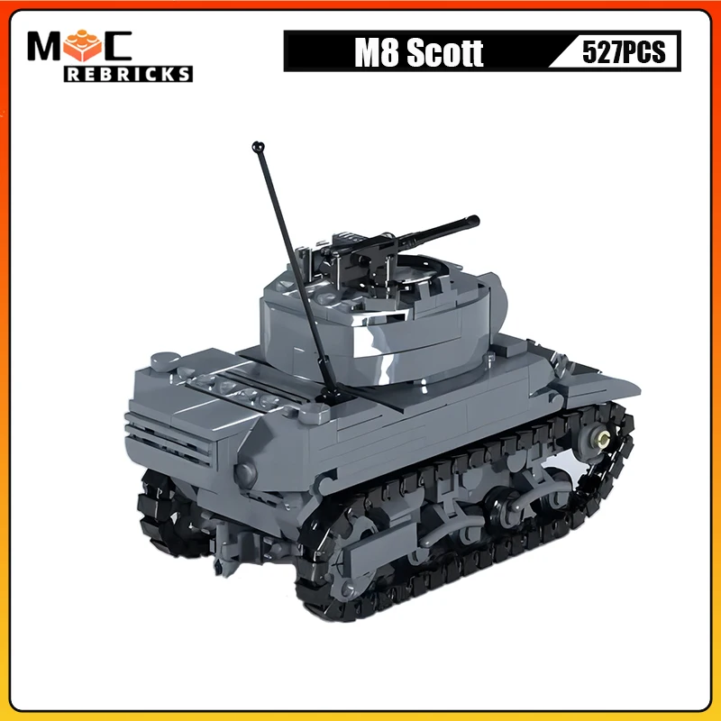 WW2 Allied Self-propelled Artillery Tank M8 Scott Light Motor Armored Vehicle MIlitary Weapon Assembly Model Kids DIY Bricks Toy