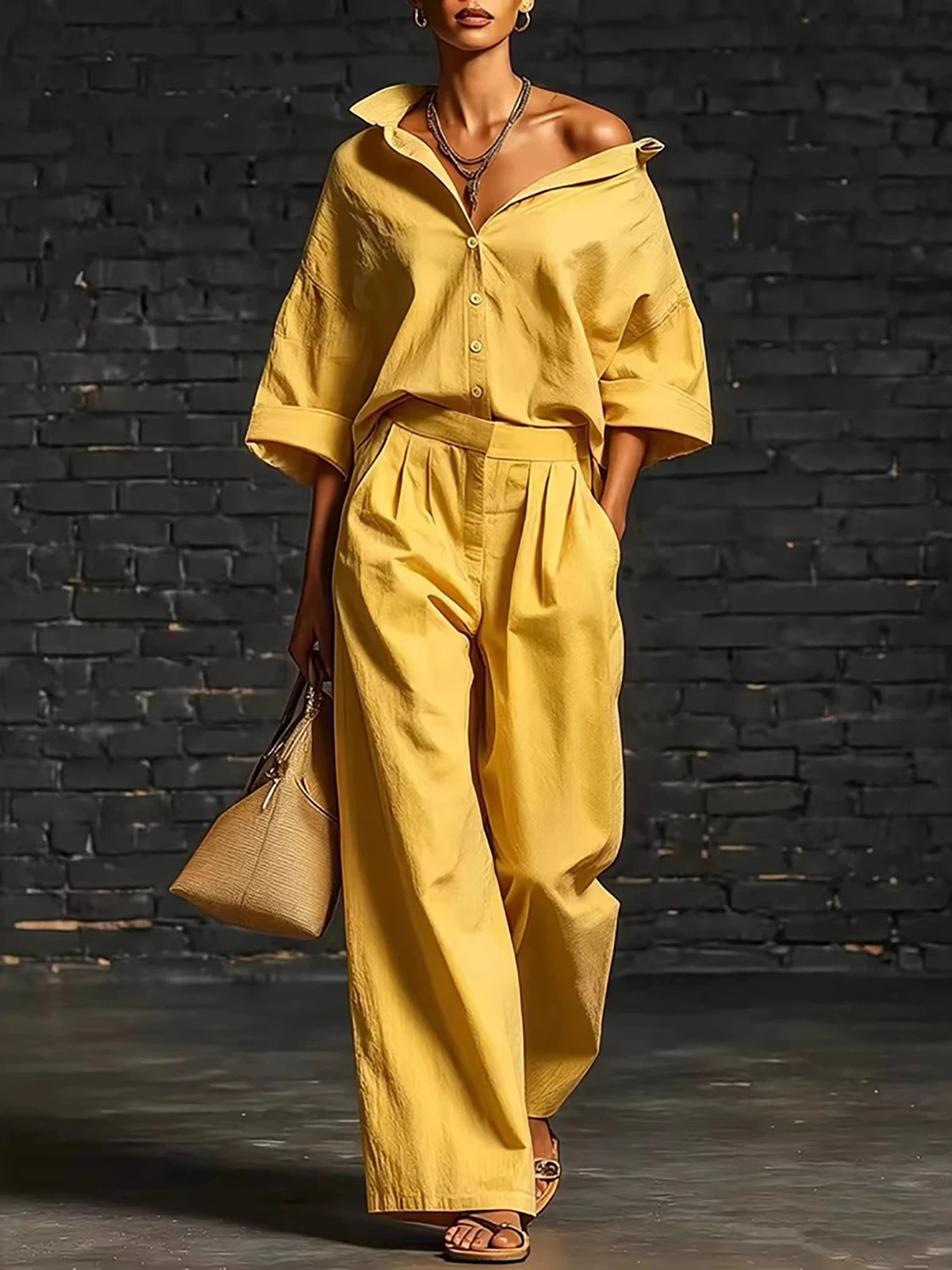 Damen-Set aus Kunstleinen: Elegantes, übergroßes Hemd mit 3/4-Ärmeln und lässige Bluse mit weitem Bein – Alltags-Set – Detail 6