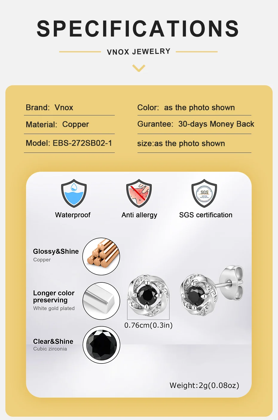 Vnox Herren Mobius Twist Kupfer Ohrstecker Rund Schwarz Weiß Kubisches Zirkonia CZ Ohrpiercing Kleiner Ohrstecker Schmuck Geschenk für Männer – Detail 4