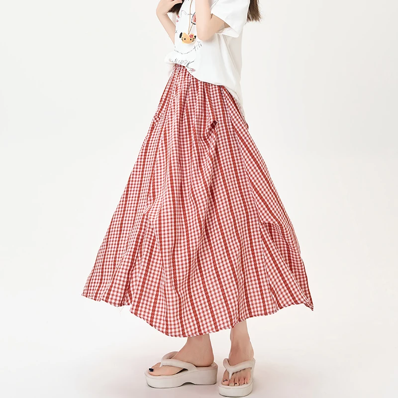 

Summer Women Checkered A Line Skirt High Waist Slim Fit Pleated Length Fashion Irregular Contrast Colors Flowy Swing Style