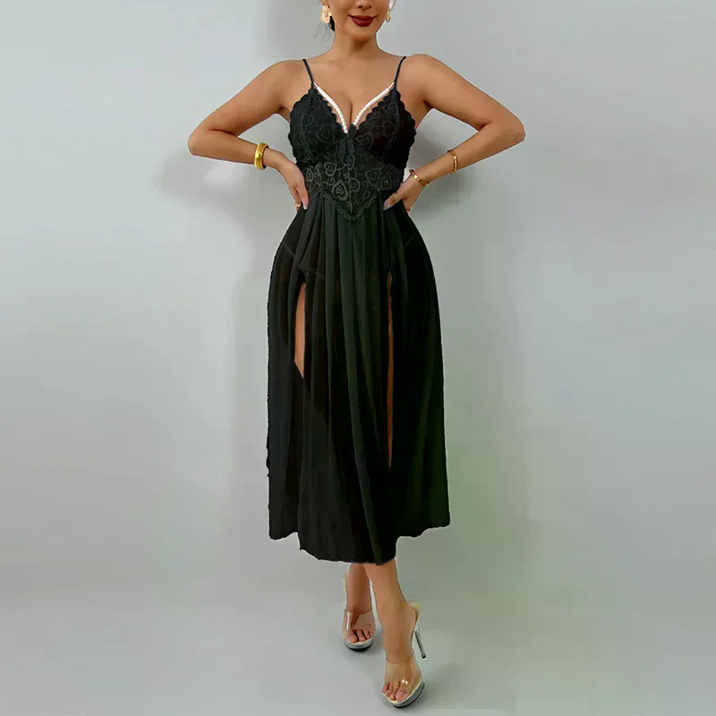 Abito da notte impreziosito da perle Abito da notte sexy con spacco laterale in rete Abito lungo con cinturino in tentazione Bretelle a V profonde senza schienale senza maniche