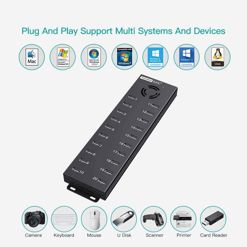 A-805P 20 Port USB Hub USB 2.0 Splitter 120W Multi Device Charging Station for Tablets Phones PCs SIPOLAR