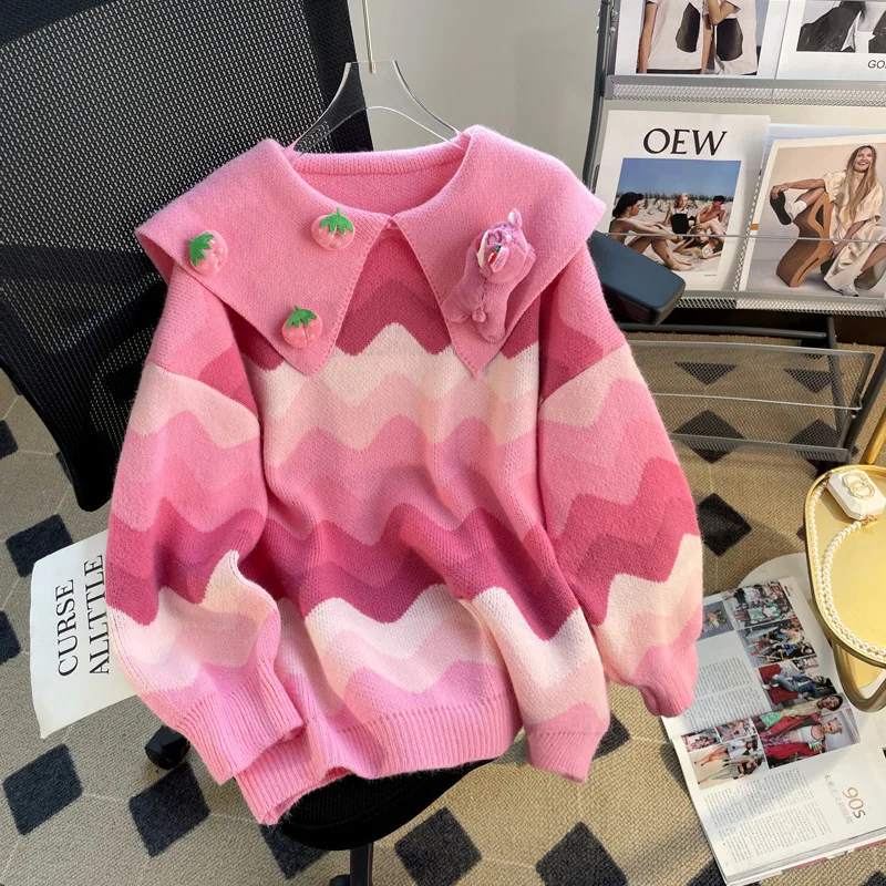 

Hsa Women Pink Sweater and Pullover Pet Pan Collar Korean Fashion Knitted Pull Femme Kawaii Bear Pink Sweater Cute Winter Jumper