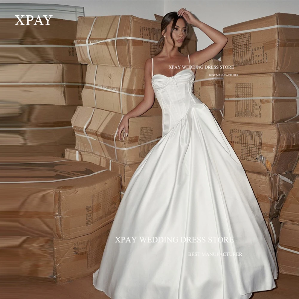 

XPAY Spaghetti Straps Satin A Line Wedding Dresses Sweetheart Thick Satin Boning Modern Bridal Gowns Vestido de noiva 2023