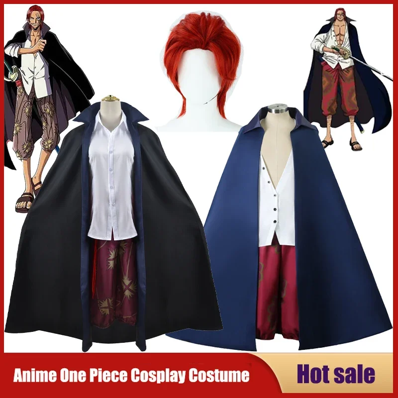 Film Red Shanks Cosplay Anime One Piece COS Costumes Adults Men Cloak Carnival Party Christmas Red Hair Pirates Wig Full Outfit