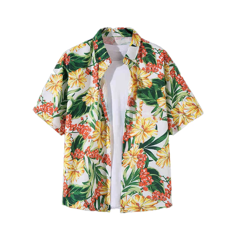 Men's Flowers Hawaiian Shirts Striped Floral Print Button-Up Casual Shirts Summer Beach Travel Men's Shirts Unisex Clothing