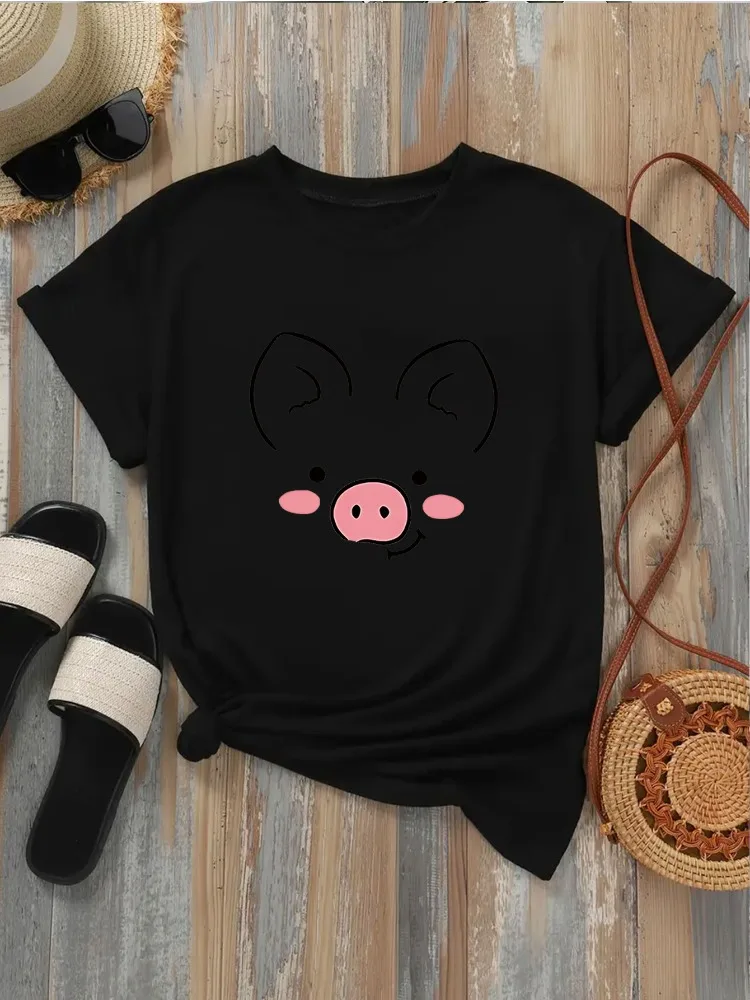 Women's Cute Piggy Face T-shirt with Simple Lines A Cute Piggy Image Printed Summer Roundneck Shortsleeve Casual Clothing