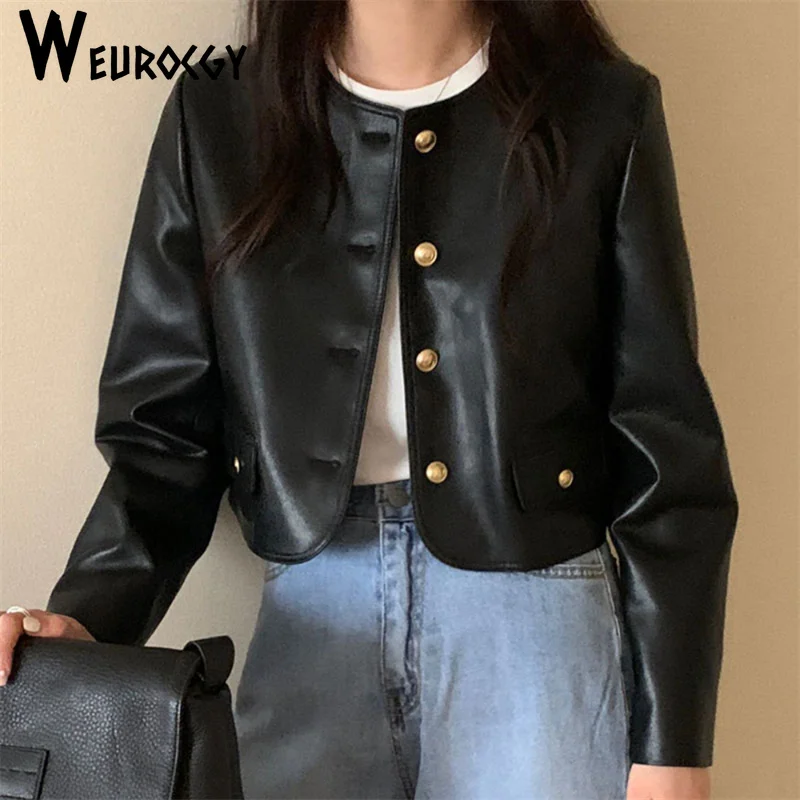 

Korean style Women Jackets 2023 Winter Fashion Vintage Single Breasted Leather Jacket Women Streetwear Round Neck Short Jackets