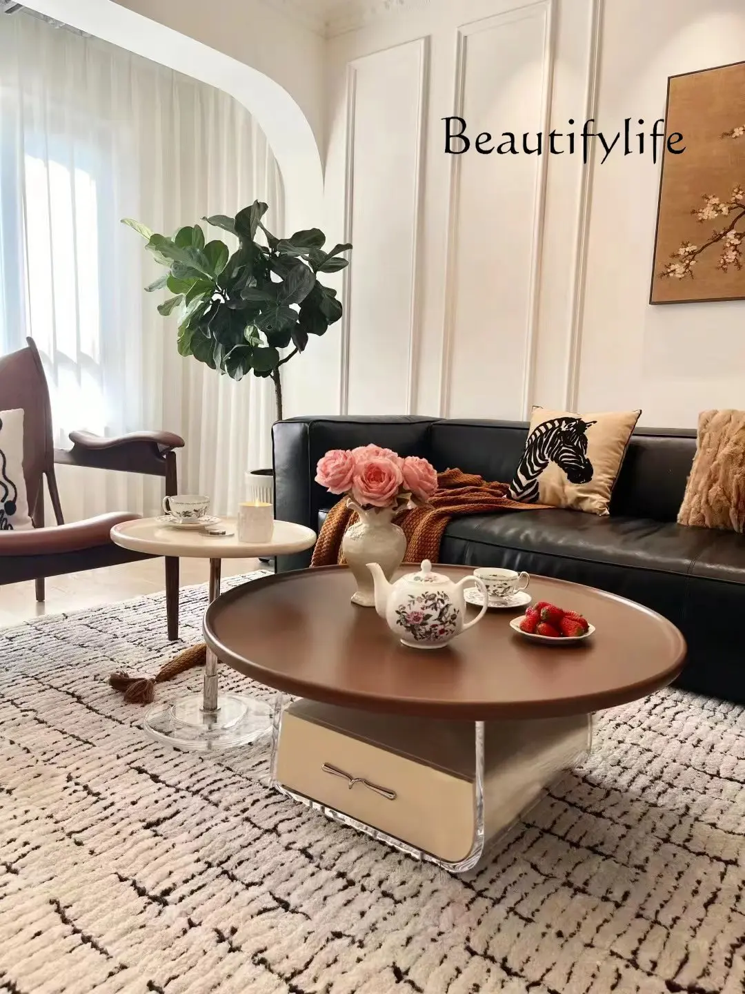

French Style round Tea Table Vintage Cream Style Acrylic Antique Style Tea Table Living Room Home